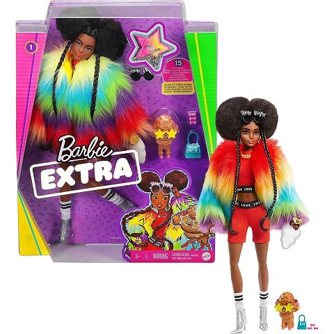 Barbie Extra Doll #1 in Furry Rainbow Coat with Pet Poodle